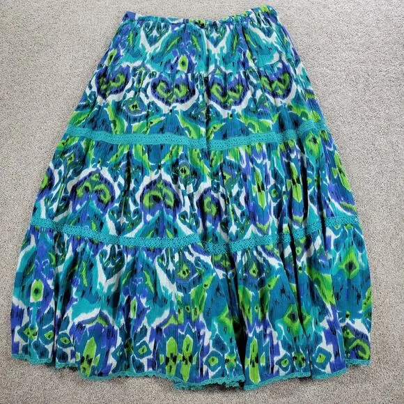 Vintage Notations A-line Skirt Womens L Blue Boho Watercolor Tiered Flowy Hippie - Picture 10 of 16